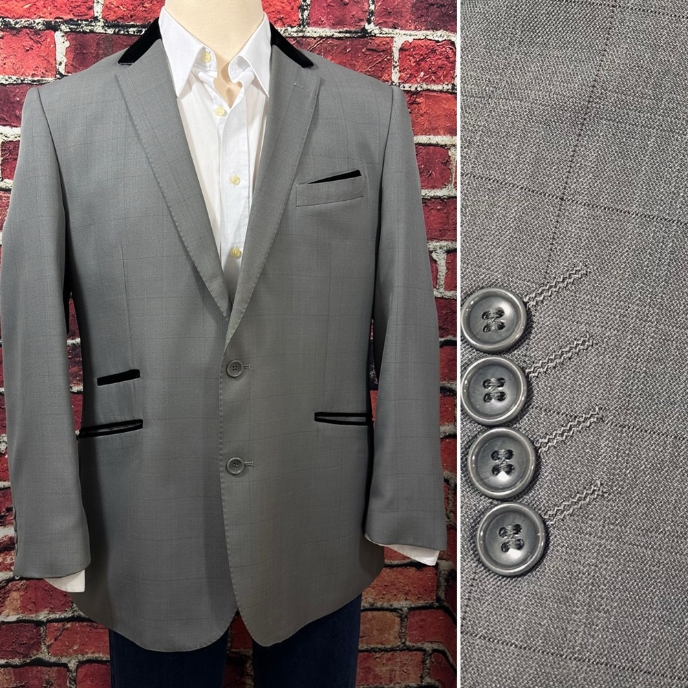 STATEMENT ITALY BLAZER MENS SIZE 44 SUIT JACKET GRAY BLACK VELVET TRIM SUPER 150